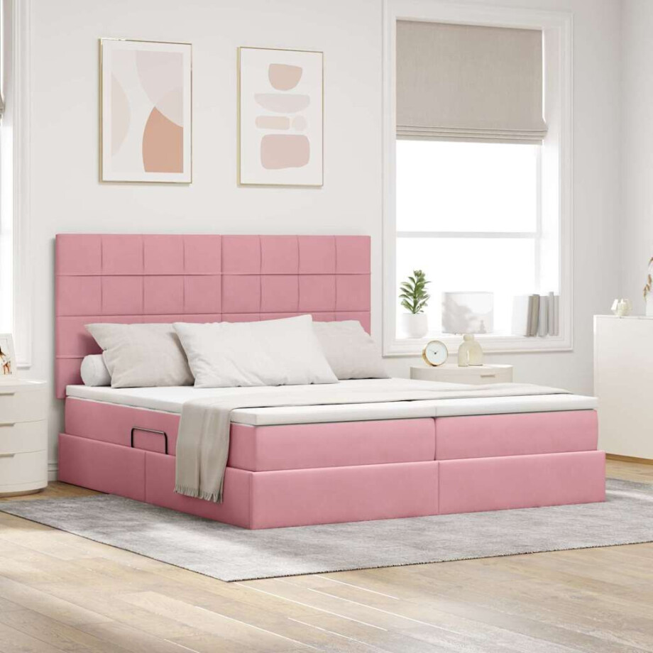 vidaXL Bed met LED-stripverlichting Roze 200 x 200 cm Fluweel afbeelding 1