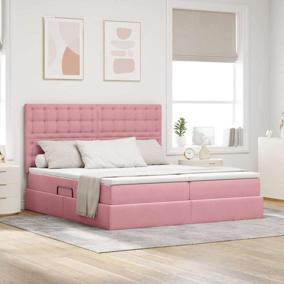 vidaXL Bed met LED-stripverlichting Roze 200 x 200 cm Fluweel afbeelding 1