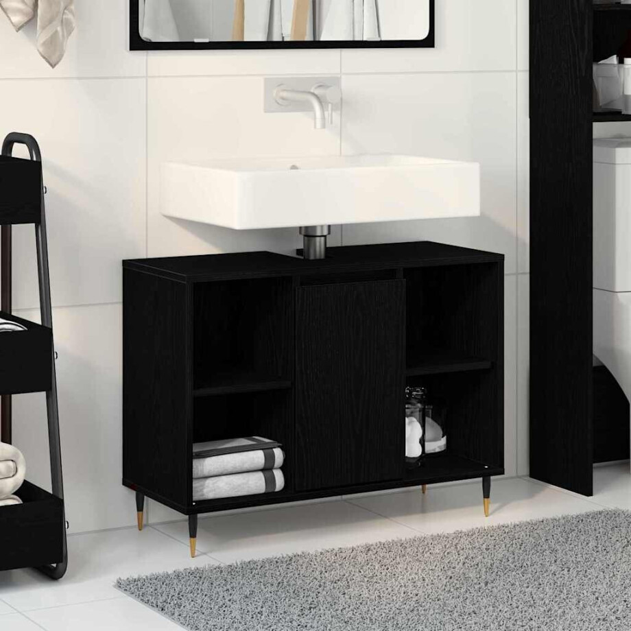 vidaXL Badkamer Kast met plank Zwart 80 x 33 x 60 cm Bewerkt hout afbeelding 1