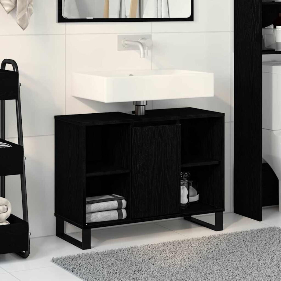 vidaXL Badkamer Kast met plank Zwart 80 x 33 x 60 cm Bewerkt hout afbeelding 1