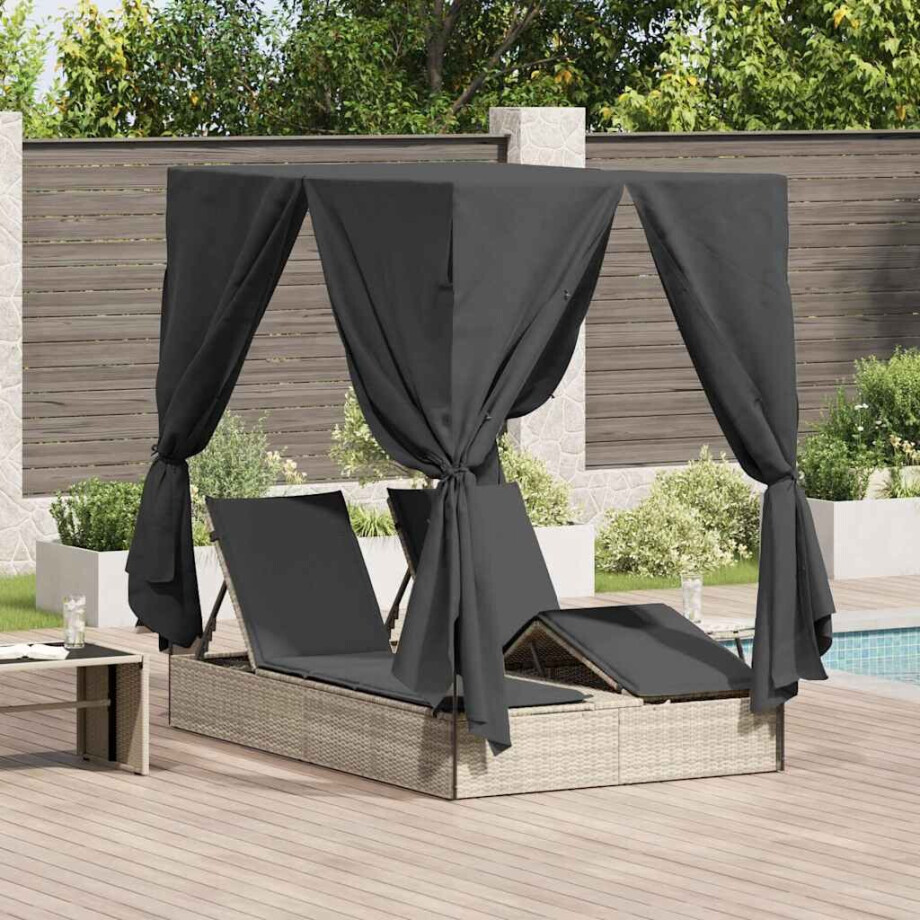 vidaXL Dubbele ligbed Lichtgrijs 205 x 129 x 200 cm poly rattan afbeelding 1