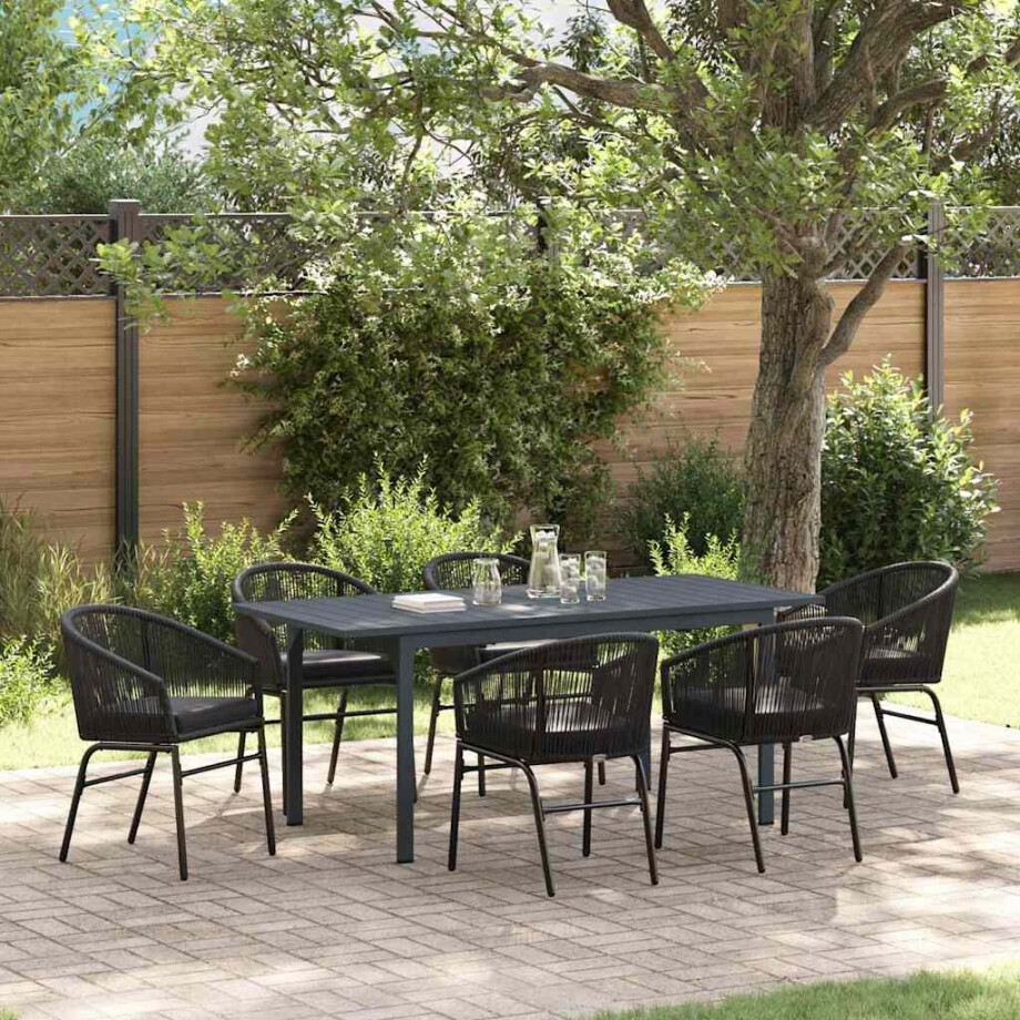 vidaXL Tuin eettafelset 7 pcs Zwart poly rattan afbeelding 1