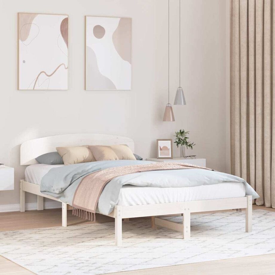 vidaXL Bedframe met hoofdeinde Wit 135 x 190 cm Massief grenenhout afbeelding 1