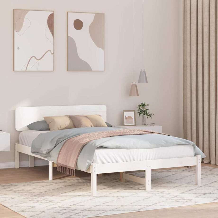 vidaXL Bedframe met hoofdeinde Wit 135 x 190 cm Massief grenenhout afbeelding 1