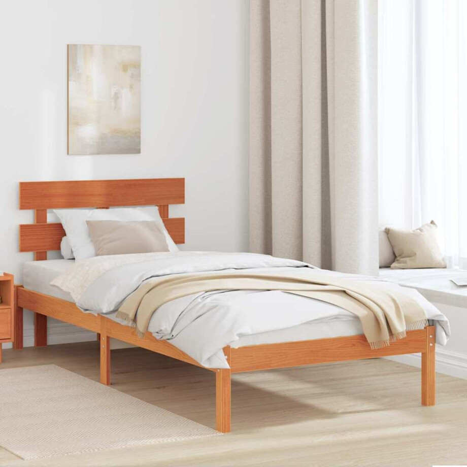 vidaXL Bedframe met hoofdeinde Bruin 75 x 190 cm Massief grenenhout afbeelding 1