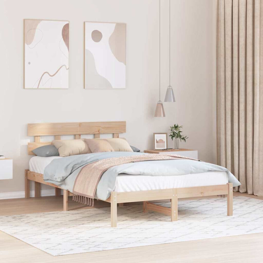 vidaXL Bedframe met hoofdeinde Bruin 140 x 190 cm Massief grenenhout afbeelding 1