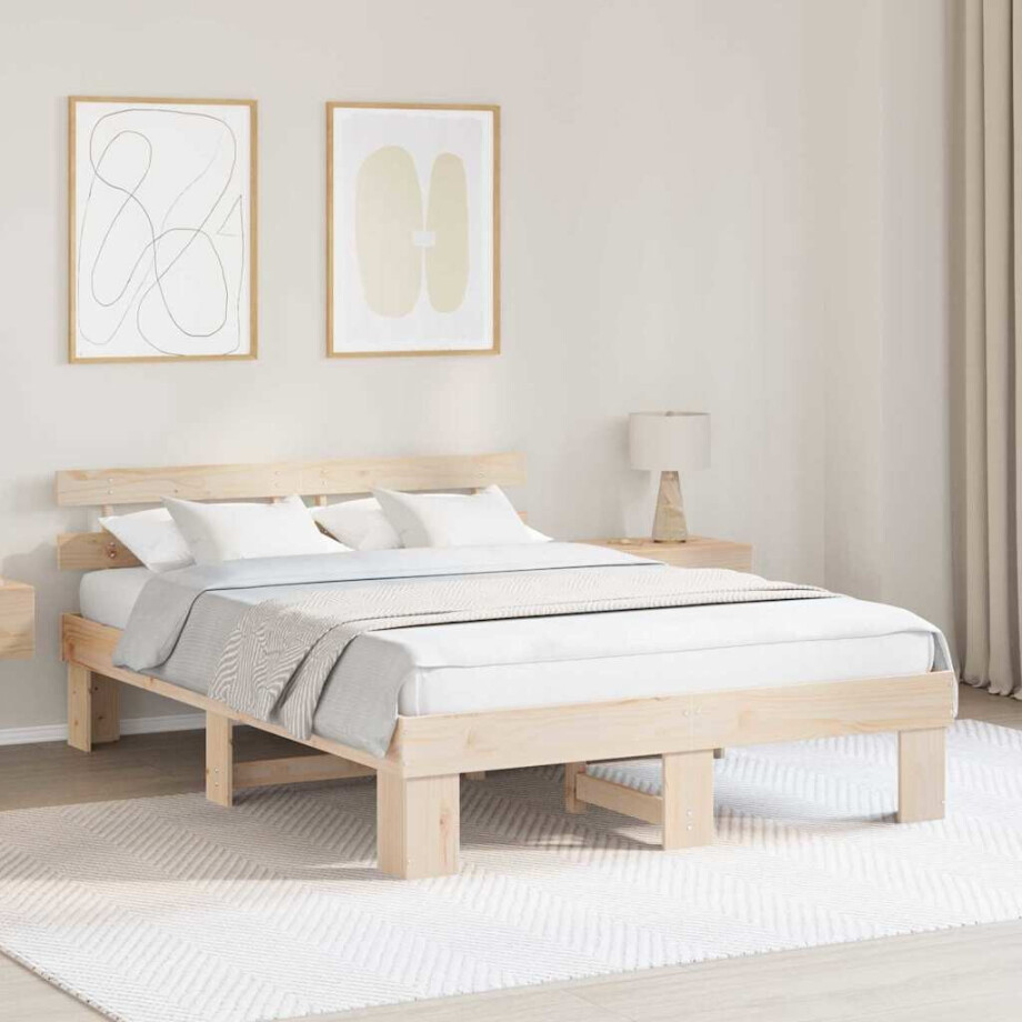 vidaXL Bedframe met hoofdeinde Naturel 140 x 200 cm Massief grenenhout afbeelding 1