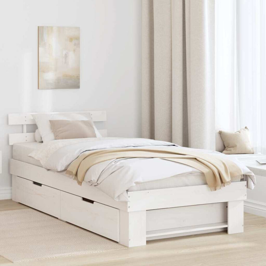 vidaXL Bedframe met hoofdeinde Wit 90 x 200 cm Massief grenenhout afbeelding 1