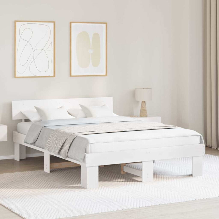vidaXL Bedframe met hoofdeinde Wit 160 x 200 cm Massief grenenhout afbeelding 1