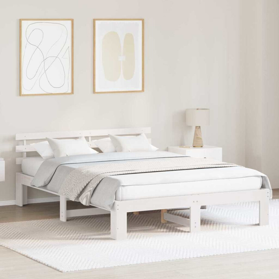 vidaXL Bedframe met hoofdeinde Wit 150 x 200 cm Massief grenenhout afbeelding 1