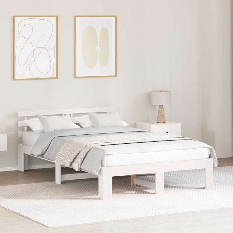 vidaXL Bedframe met hoofdeinde Wit 135 x 190 cm Massief grenenhout afbeelding 1