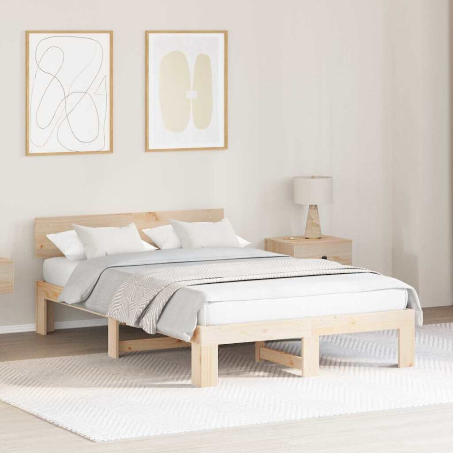 vidaXL Bedframe met hoofdeinde Naturel 120 x 200 cm Massief grenenhout afbeelding 1