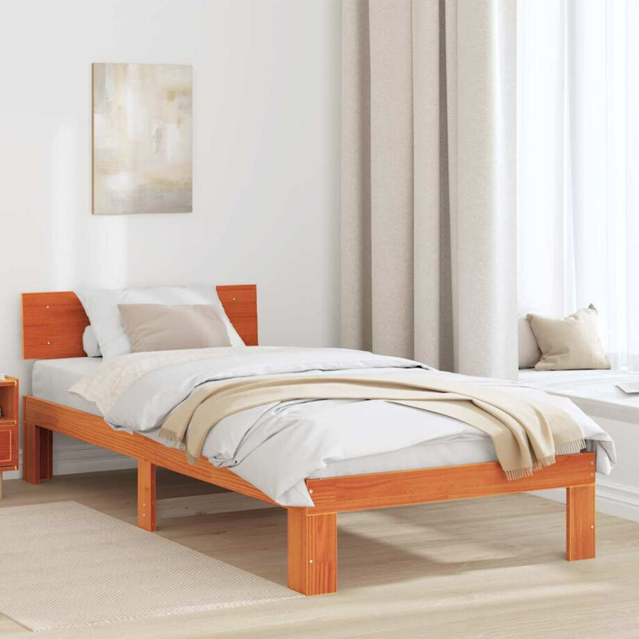 vidaXL Bedframe met hoofdeinde Wasbruin 75 x 190 cm Massief grenenhout afbeelding 1