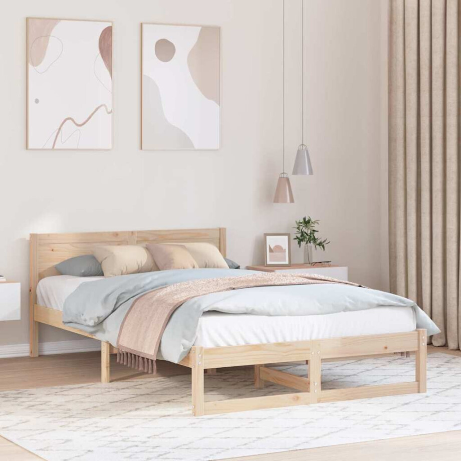 vidaXL Bedframe met hoofdeinde Naturel 135 x 190 cm Massief grenenhout afbeelding 1