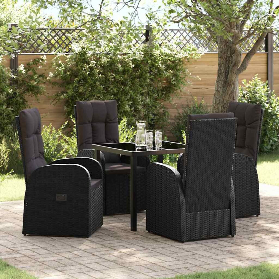 vidaXL Tuin eettafelset met kussen 5 pcs Zwart poly rattan afbeelding 1