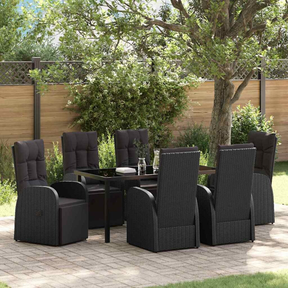 vidaXL Tuin eettafelset met kussen 7 pcs Zwart poly rattan afbeelding 1