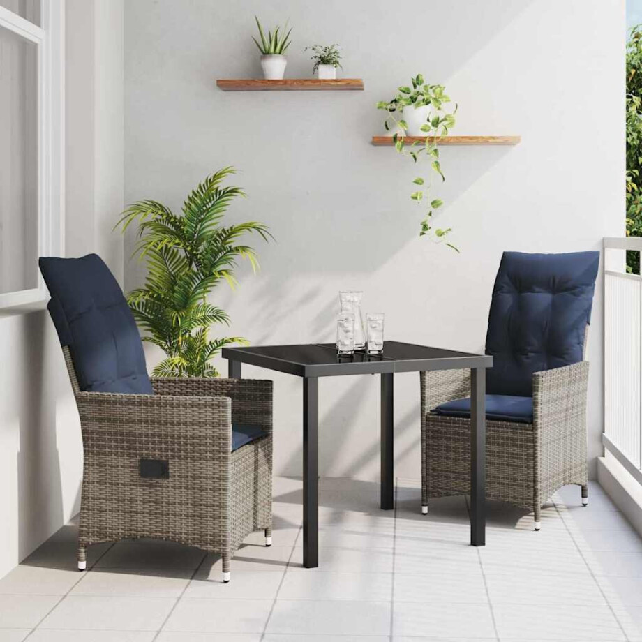 vidaXL Tafel en stoelen set met kussen 3 pcs Grijs PE Rattan afbeelding 1
