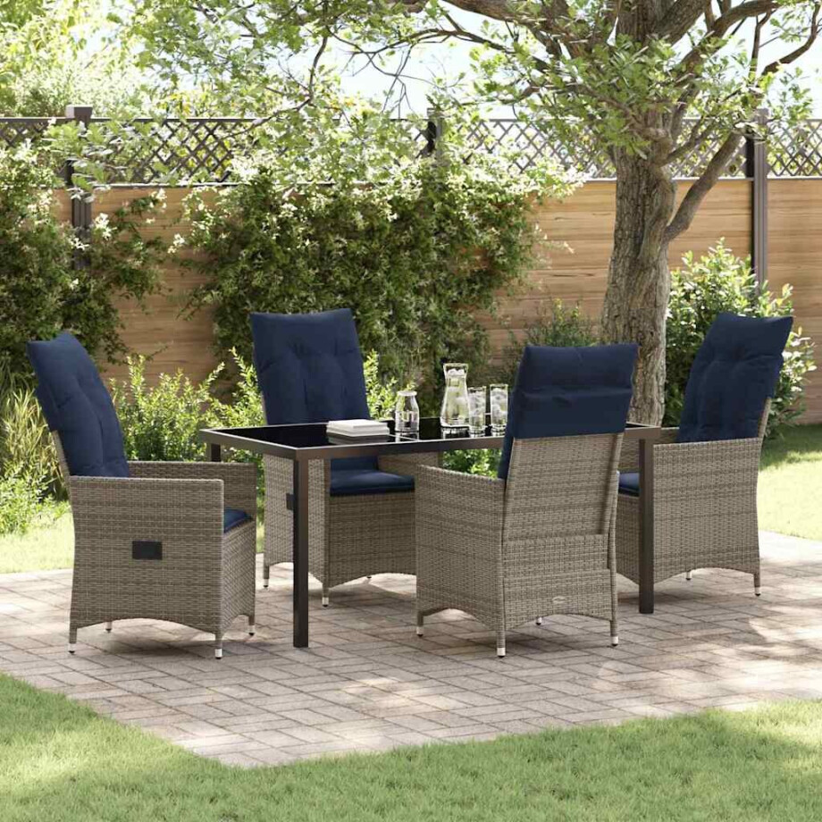 vidaXL Tafel en stoelen set met kussen 5 pcs Grijs PE Rattan afbeelding 1