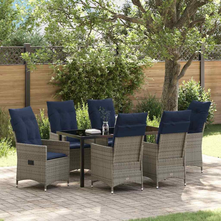 vidaXL Tafel en stoelen set met kussen 7 pcs Grijs PE Rattan afbeelding 1