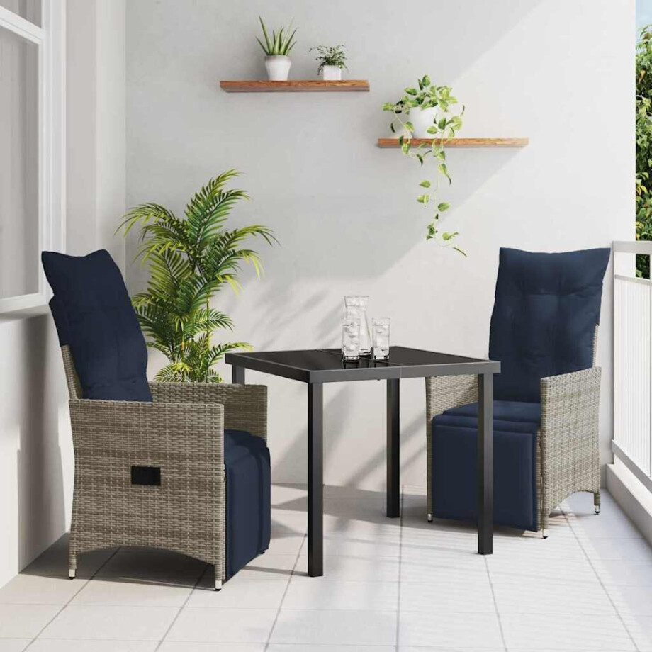 vidaXL Tafel en stoelen set met kussen 3 pcs Grijs PE Rattan afbeelding 1