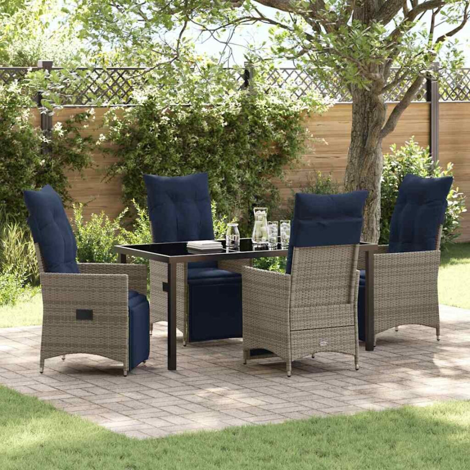 vidaXL Tafel en stoelen set met kussen 5 pcs Grijs PE Rattan afbeelding 1
