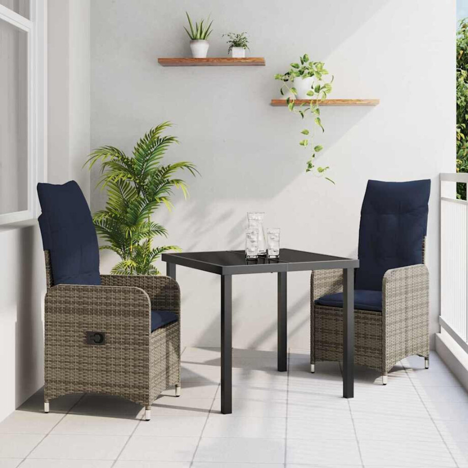vidaXL Tafel en stoelen set met kussen 3 pcs Grijs PE Rattan afbeelding 1
