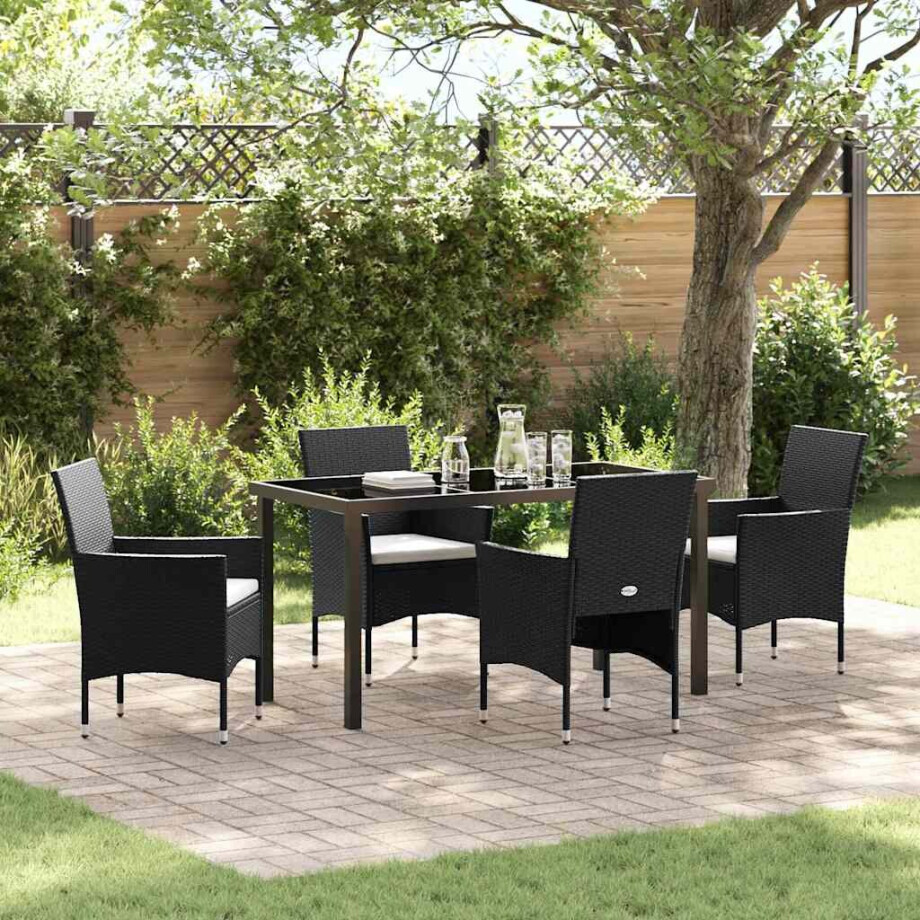 vidaXL Tuin eettafelset met kussen 5 pcs Zwart poly rattan afbeelding 1