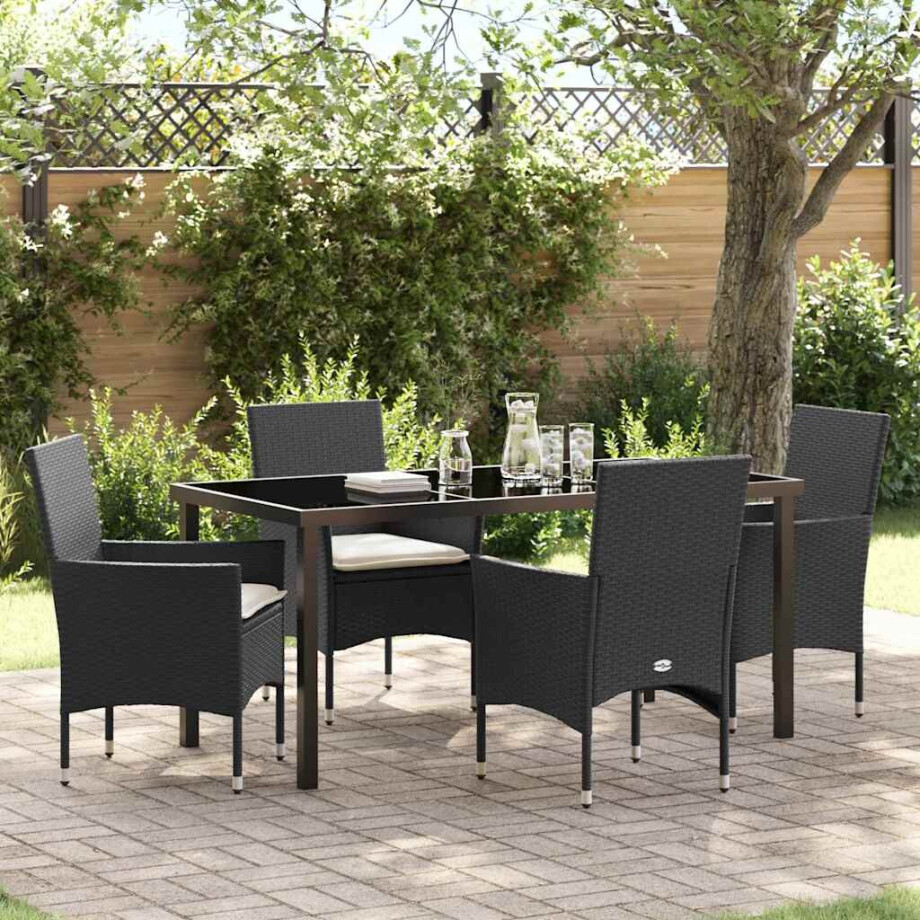 vidaXL Tuin eettafelset met kussen 5 pcs Zwart poly rattan afbeelding 1
