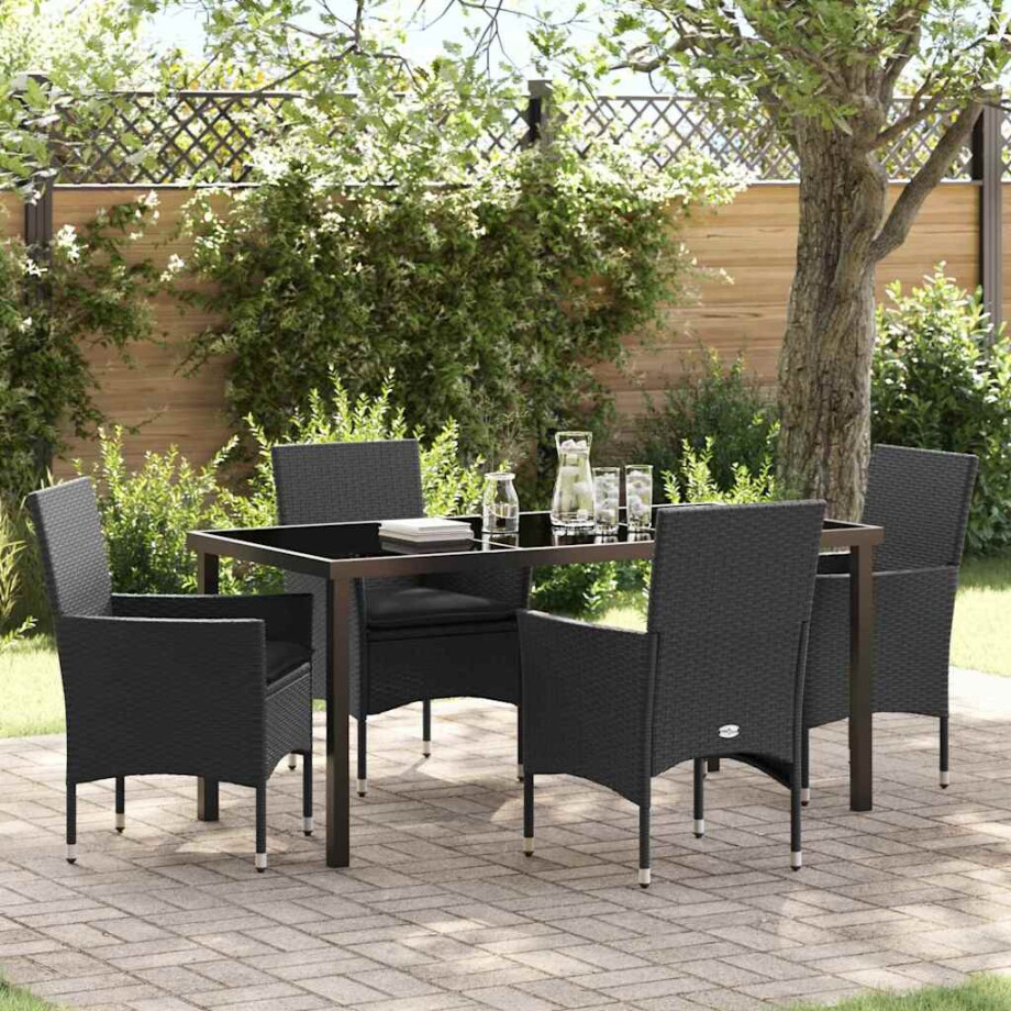 vidaXL Tuin eettafelset met kussen 5 pcs Zwart poly rattan afbeelding 1