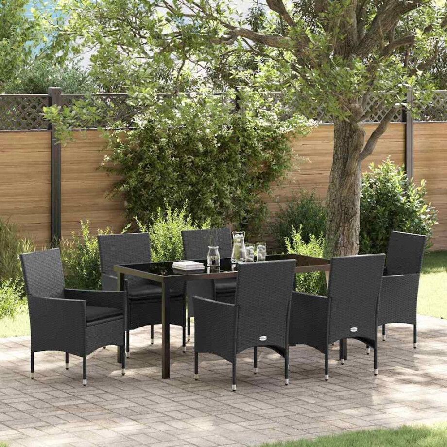 vidaXL Tuin eettafelset met kussen 7 pcs Zwart poly rattan afbeelding 1