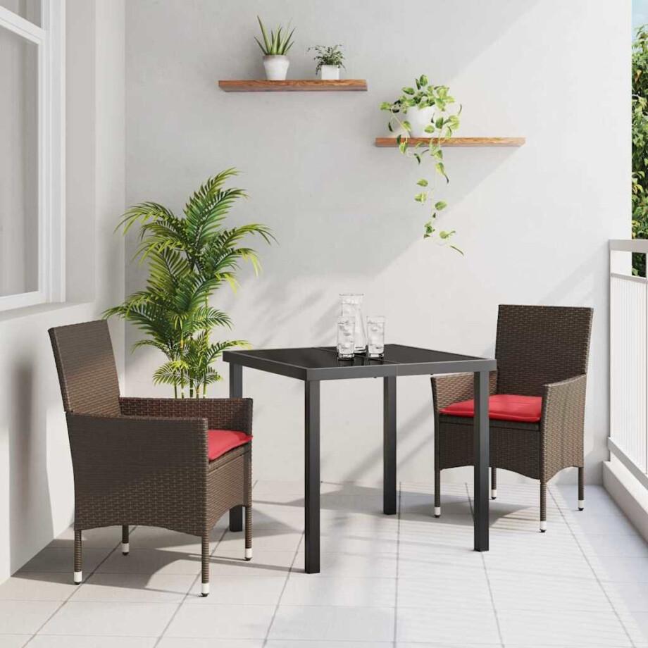 vidaXL Tafel en stoelen set met kussen 3 pcs Bruin PE Rattan vidaXL Tafel en stoelen set met kussen 3 pcs Bruin PE Rattan afbeelding 1
