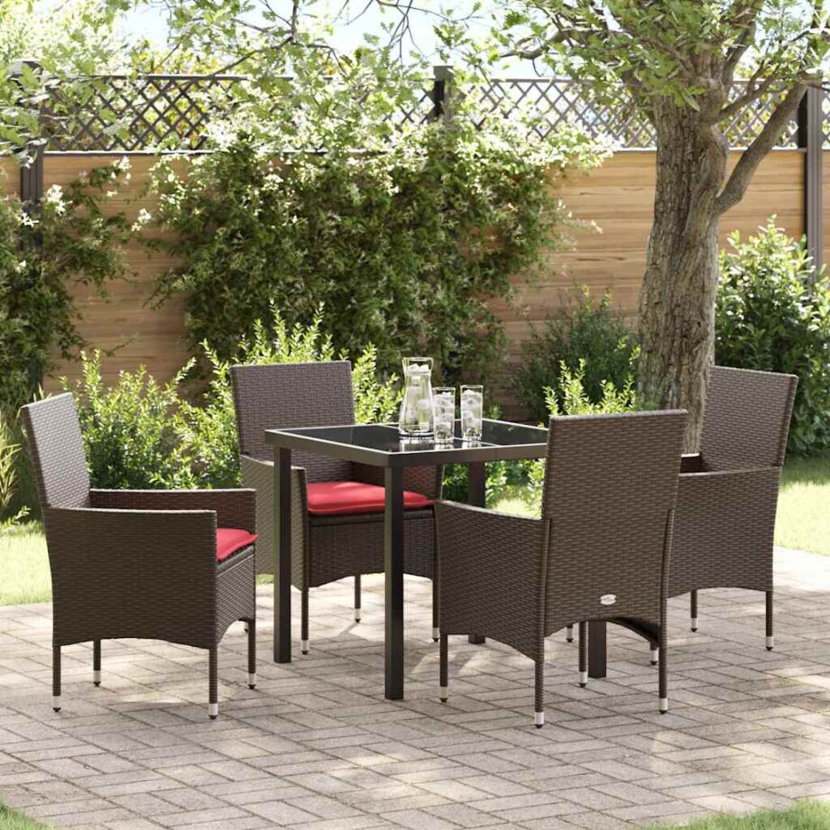 vidaXL Tafel en stoelen set met kussen 5 pcs Bruin PE Rattan vidaXL Tafel en stoelen set met kussen 5 pcs Bruin PE Rattan afbeelding 1