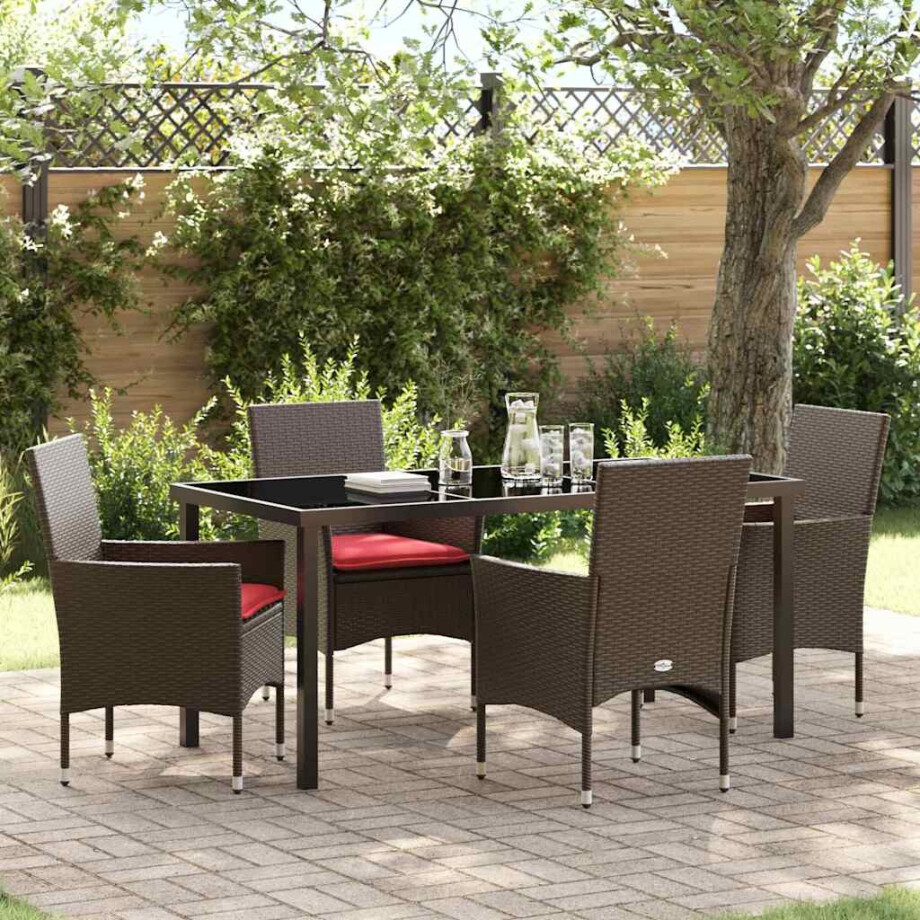 vidaXL Tafel en stoelen set met kussen 5 pcs Bruin PE Rattan vidaXL Tafel en stoelen set met kussen 5 pcs Bruin PE Rattan afbeelding 1