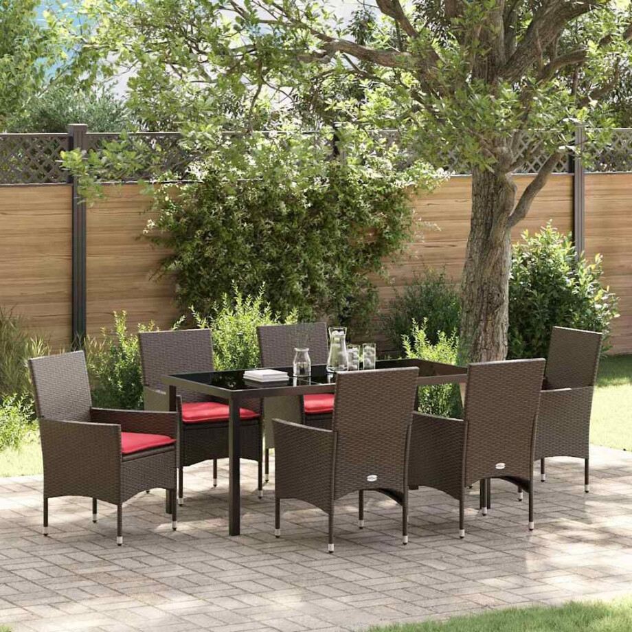 vidaXL Tafel en stoelen set met kussen 7 pcs Bruin PE Rattan vidaXL Tafel en stoelen set met kussen 7 pcs Bruin PE Rattan afbeelding 1