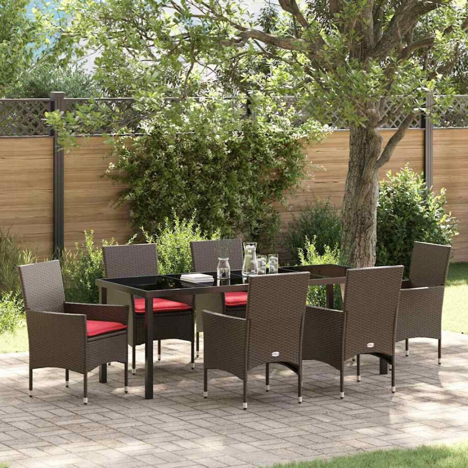 vidaXL Tafel en stoelen set met kussen 7 pcs Bruin PE Rattan vidaXL Tafel en stoelen set met kussen 7 pcs Bruin PE Rattan afbeelding 1