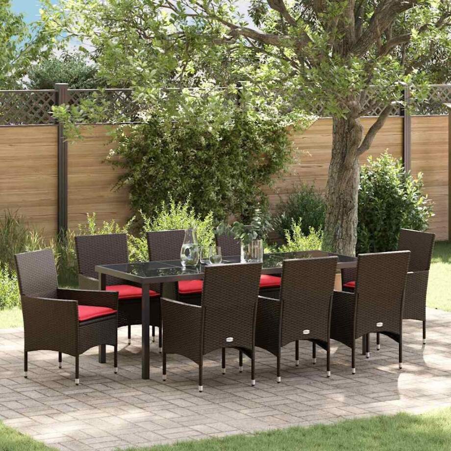 vidaXL Tafel en stoelen set met kussen 9 pcs Bruin PE Rattan vidaXL Tafel en stoelen set met kussen 9 pcs Bruin PE Rattan afbeelding 1