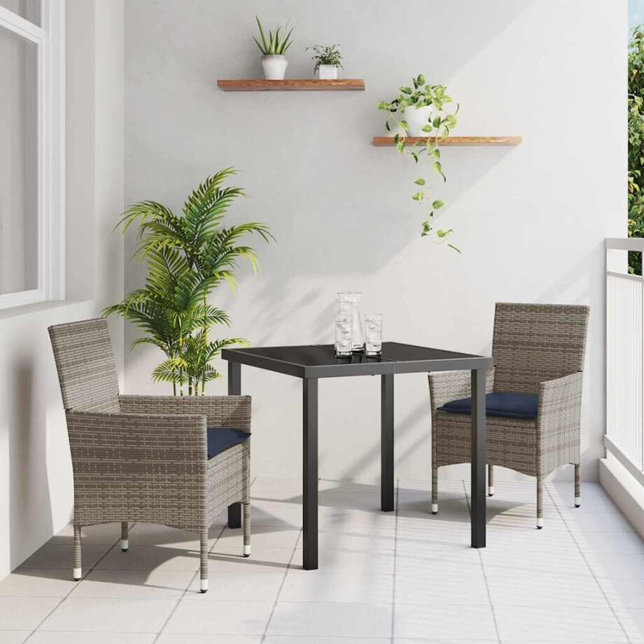 vidaXL Tafel en stoelen set met kussen 3 pcs Grijs PE Rattan vidaXL Tafel en stoelen set met kussen 3 pcs Grijs PE Rattan afbeelding 1