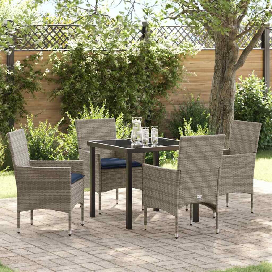 vidaXL Tafel en stoelen set met kussen 5 pcs Grijs PE Rattan afbeelding 1