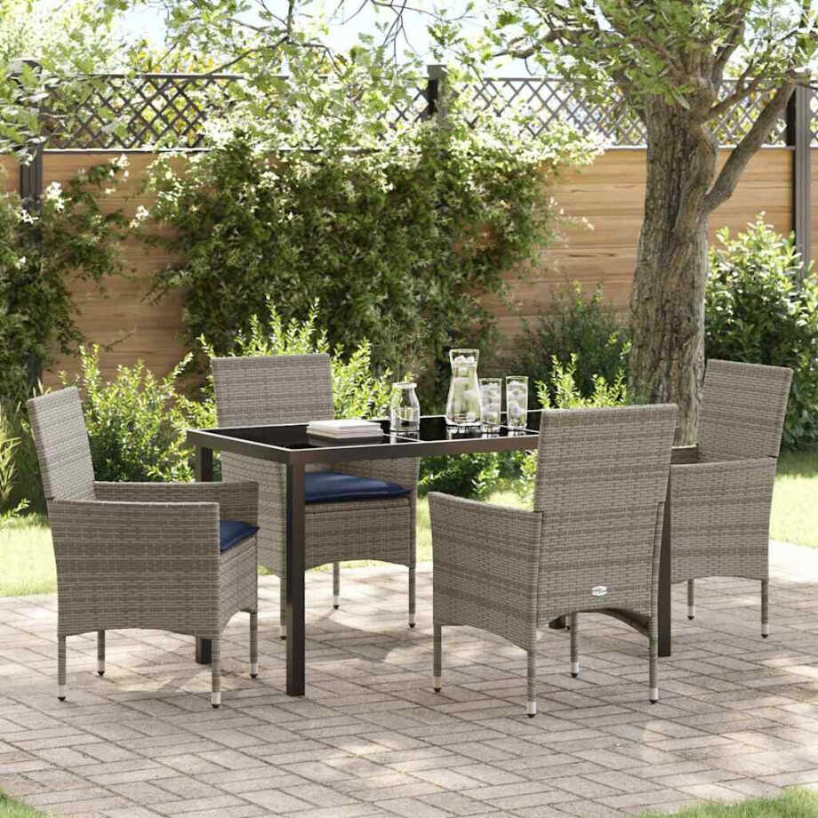 vidaXL Tafel en stoelen set met kussen 5 pcs Grijs PE Rattan afbeelding 1