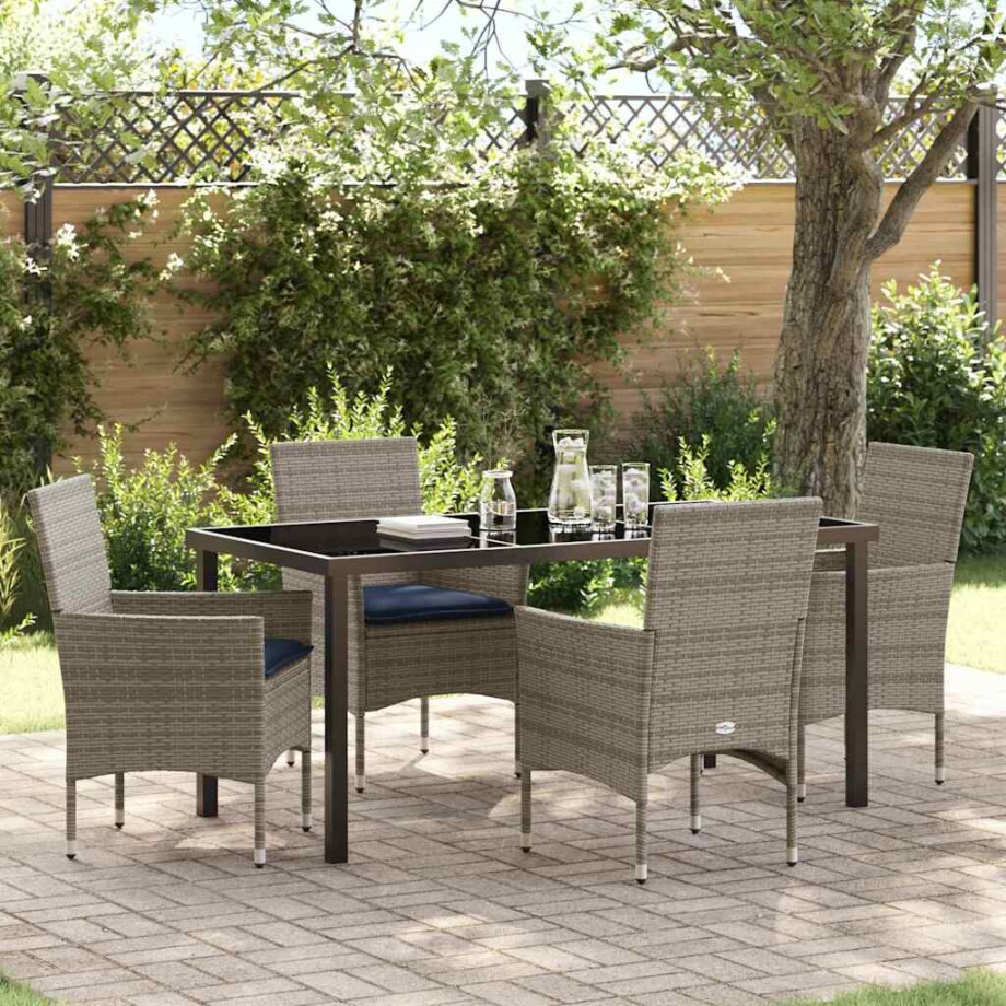 vidaXL Tafel en stoelen set met kussen 5 pcs Grijs PE Rattan afbeelding 1