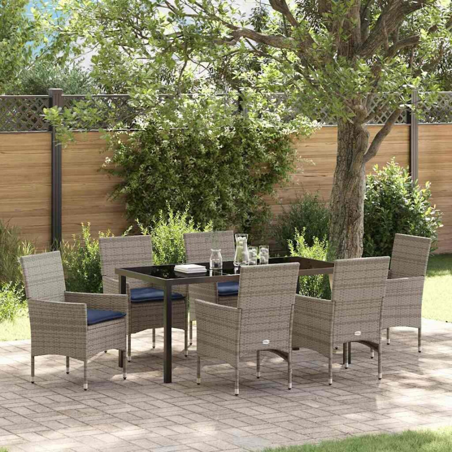 vidaXL Tafel en stoelen set met kussen 7 pcs Grijs PE Rattan vidaXL Tafel en stoelen set met kussen 7 pcs Grijs PE Rattan afbeelding 1