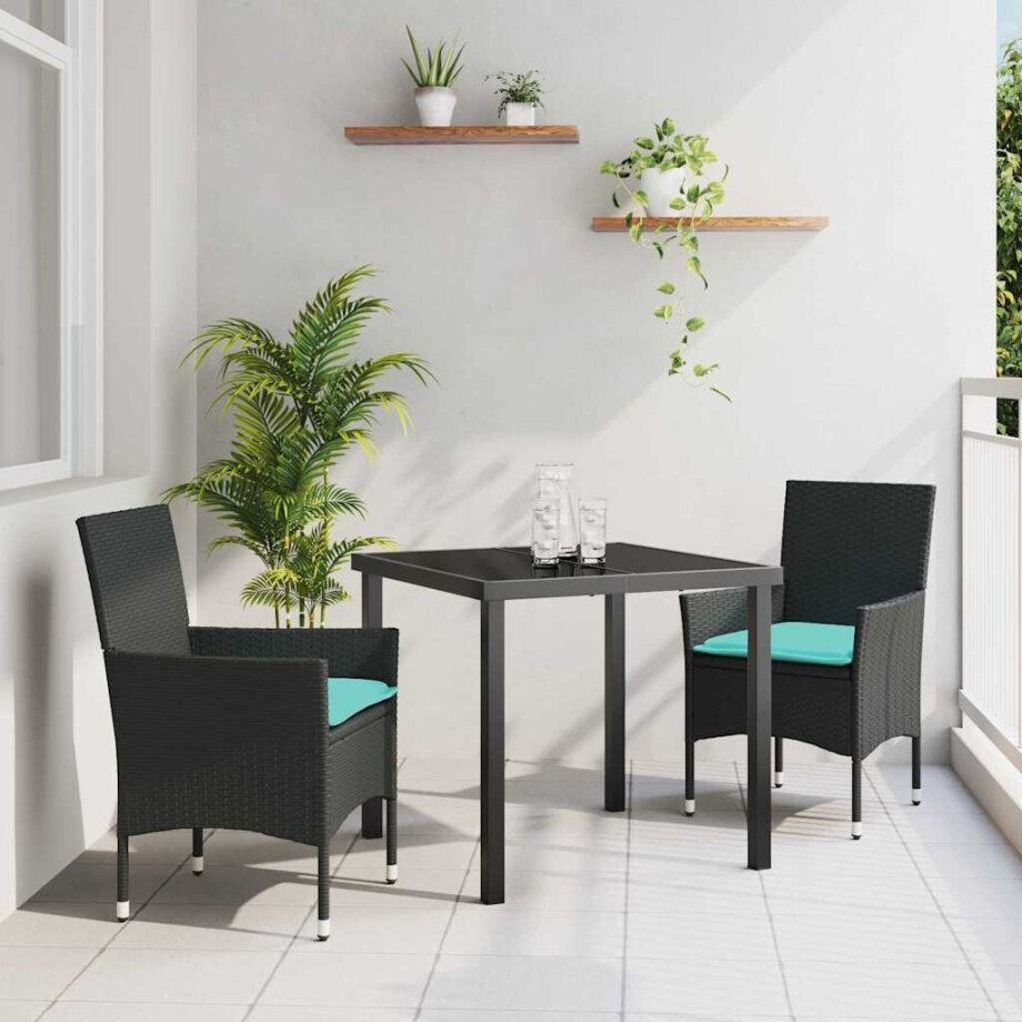 vidaXL Tafel en stoelen set met kussen 3 pcs Zwart PE Rattan afbeelding 1