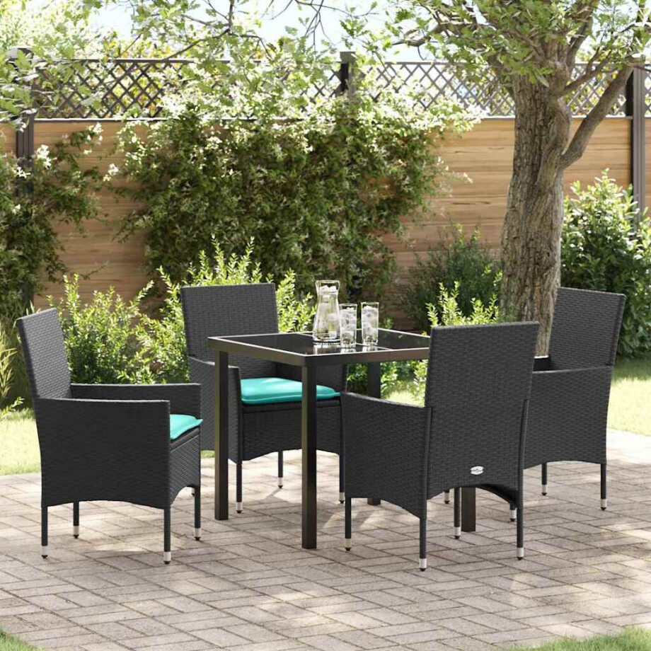 vidaXL Tafel en stoelen set met kussen 5 pcs Zwart PE Rattan afbeelding 1