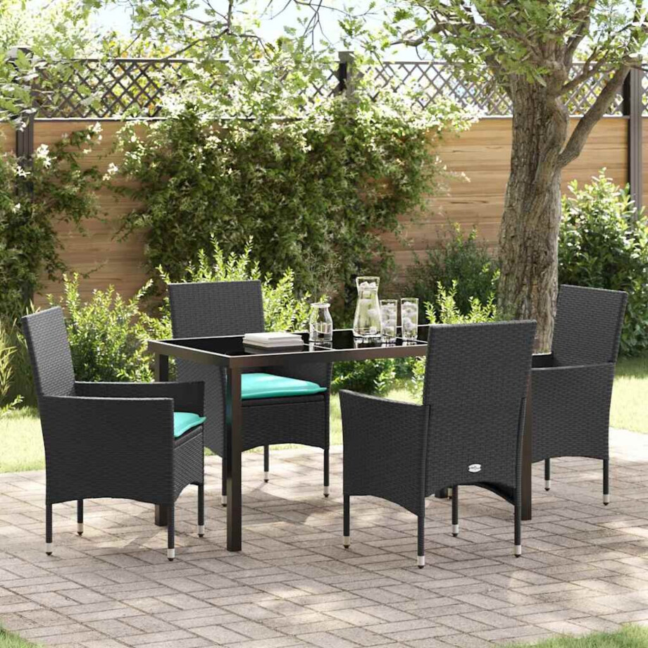 vidaXL Tafel en stoelen set met kussen 5 pcs Zwart PE Rattan afbeelding 1