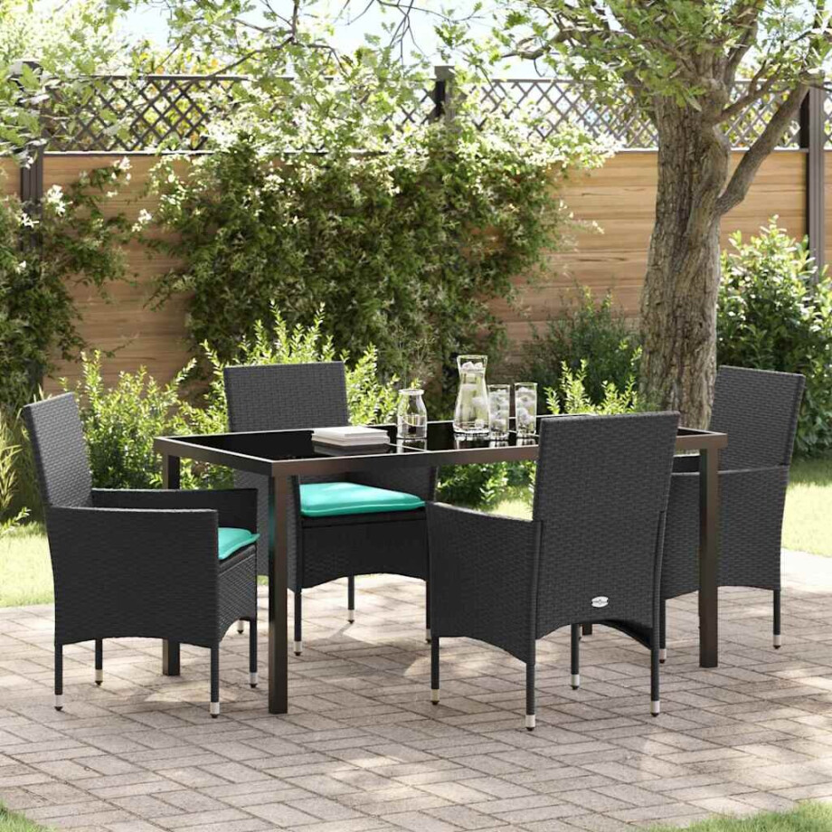 vidaXL Tafel en stoelen set met kussen 5 pcs Zwart PE Rattan afbeelding 1