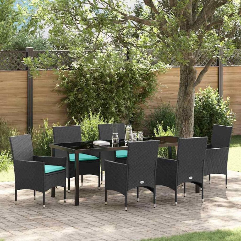 vidaXL Tafel en stoelen set met kussen 7 pcs Zwart PE Rattan afbeelding 1