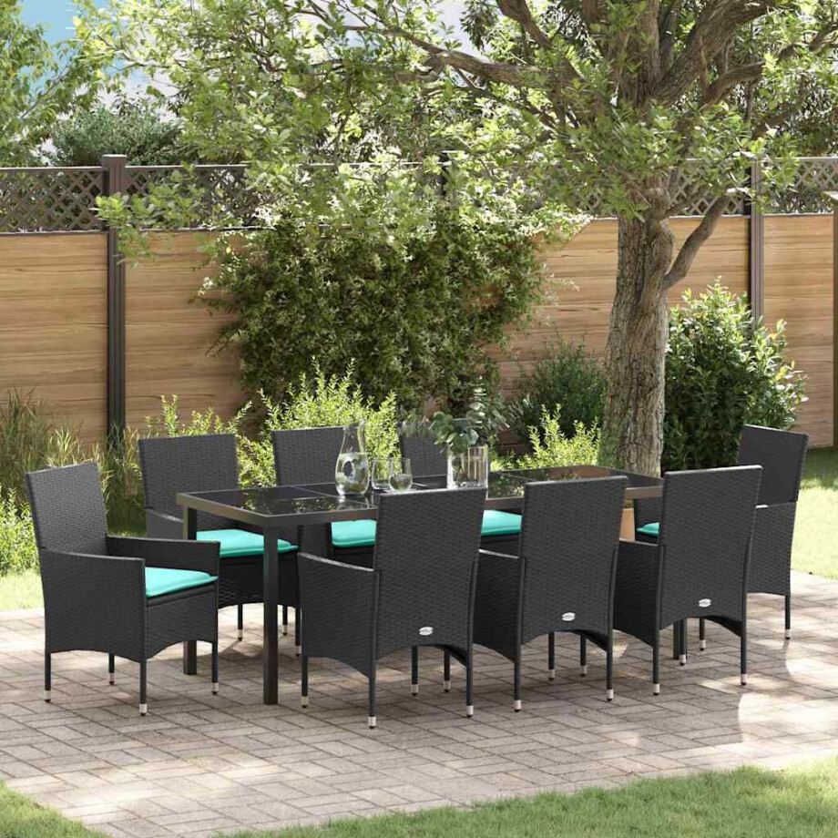 vidaXL Tafel en stoelen set met kussen 9 pcs Zwart PE Rattan afbeelding 1