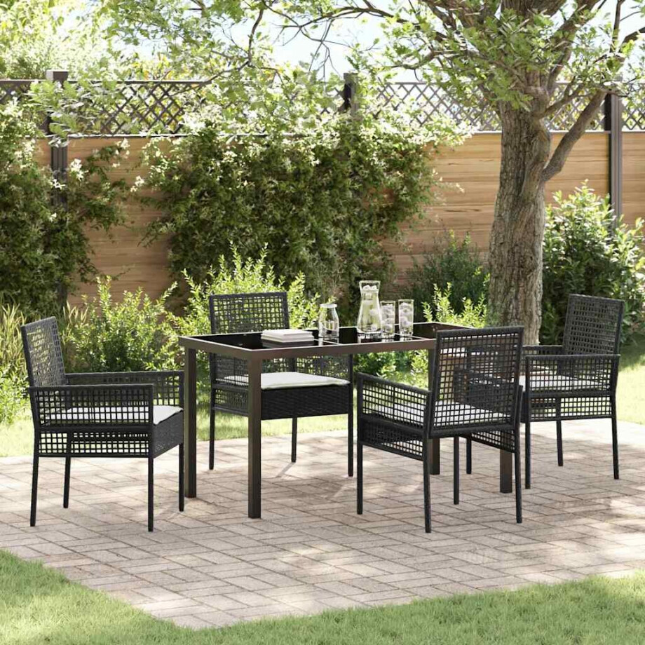 vidaXL Tuin eettafelset met kussen 5 pcs Zwart poly rattan afbeelding 1