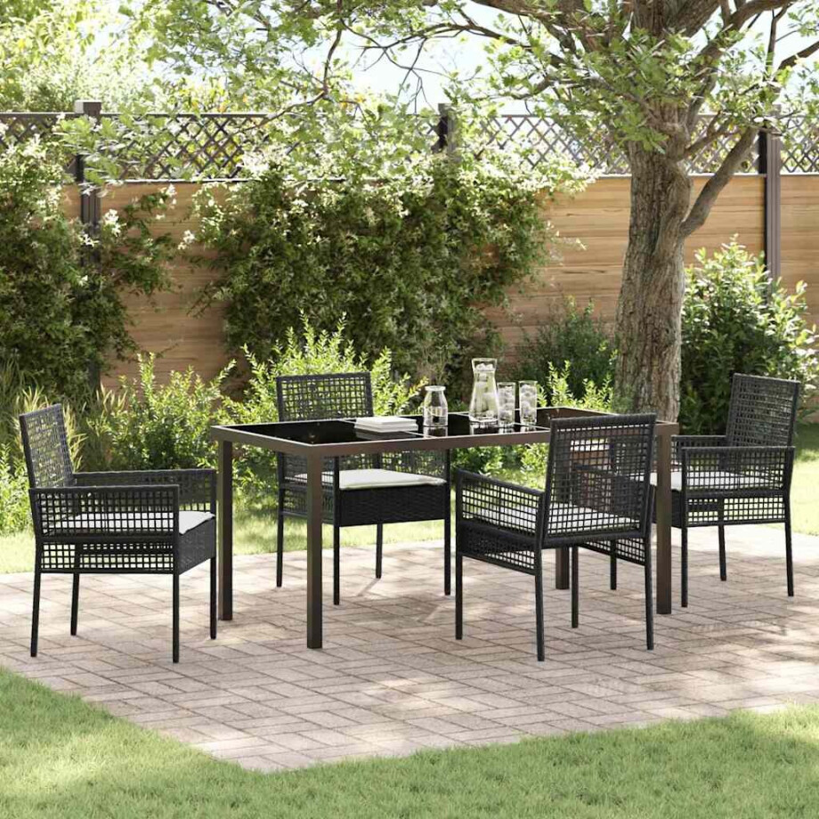 vidaXL Tuin eettafelset met kussen 5 pcs Zwart poly rattan afbeelding 1