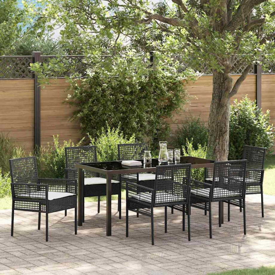 vidaXL Tuin eettafelset met kussen 7 pcs Zwart poly rattan afbeelding 1